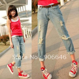 Newest Korean side of the hollow bow Exposed flesh was thin Package buttocks holes jeans large size fit Female 1PC/LOT