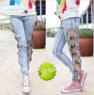 Newest Korean side of the hollow bow Exposed flesh was thin Package buttocks tight jeans S/M/L feet Female 1PC/LOT Free shipping