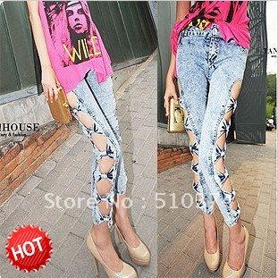 Newest Korean side of the hollow bow Exposed flesh was thin Package buttocks tight jeans S/M/L feet Female 2PC/LOT Free shipping