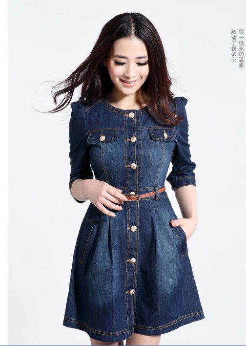 Newest,Vintage Fashion Women's Denim Dresses ,Popular Detachable Lace Neck Ladies' Workwear Casual Dresses ,Free shipping A10