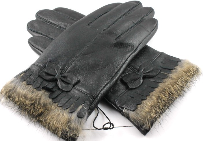 newest Warm winter ladies leather gloves women  butterfly rabbit dermal with velvet gloves retail factory price