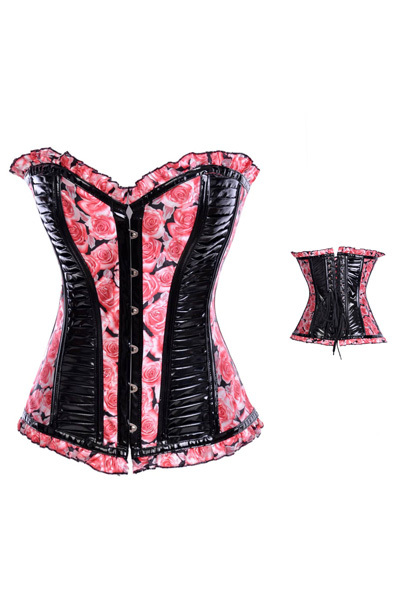 Newest! wholesale! Blakck pink bustiers sexy Ruffle Trim Print Rose Corsets plus size leather body cincher slim lace back! 4113