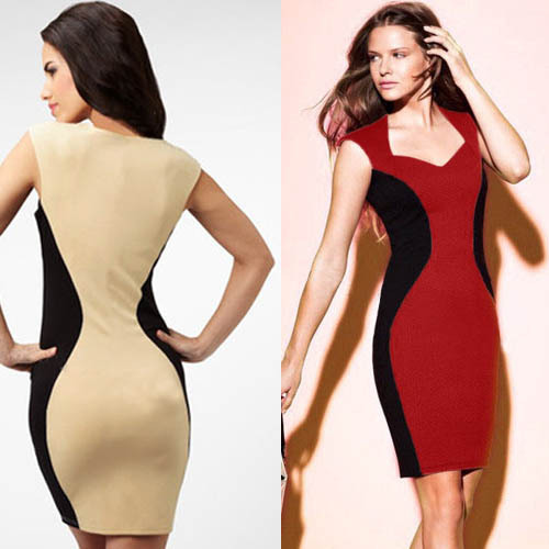 Newest Women's V-Neck inspired Optical Illusion Effect Contrast Bodycon Slimming Fitted Knee-Length Dress (Free Shipping)  S-XL