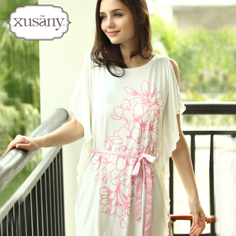 Nightgown summer strapless short-sleeve female sleepwear batwing sleeve tiebelt rayon lounge