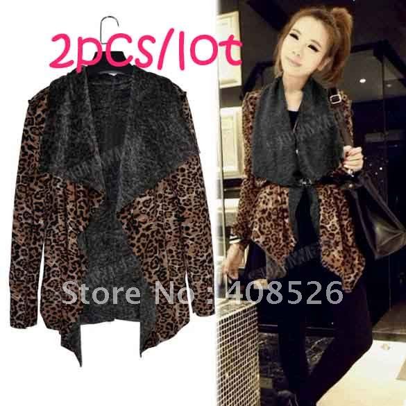 NKorean Style Women Fashion Long Sleeve irregular Leopard Coat Jacket outwear free shipping 6495