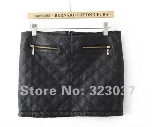 NO.0064  Free Shipping! New PU Leather Slim Bodycon Check Mini Skirt With Zipper Black Size S M L