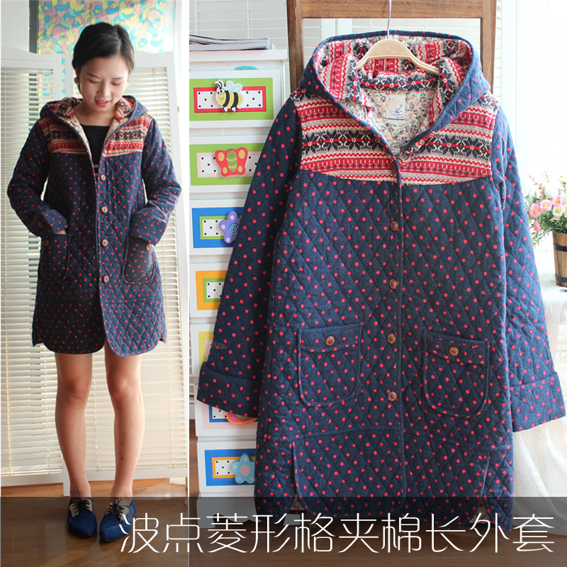 No : 3 polka dot long design cotton-padded dimond plaid dot with a hood wadded jacket outerwear