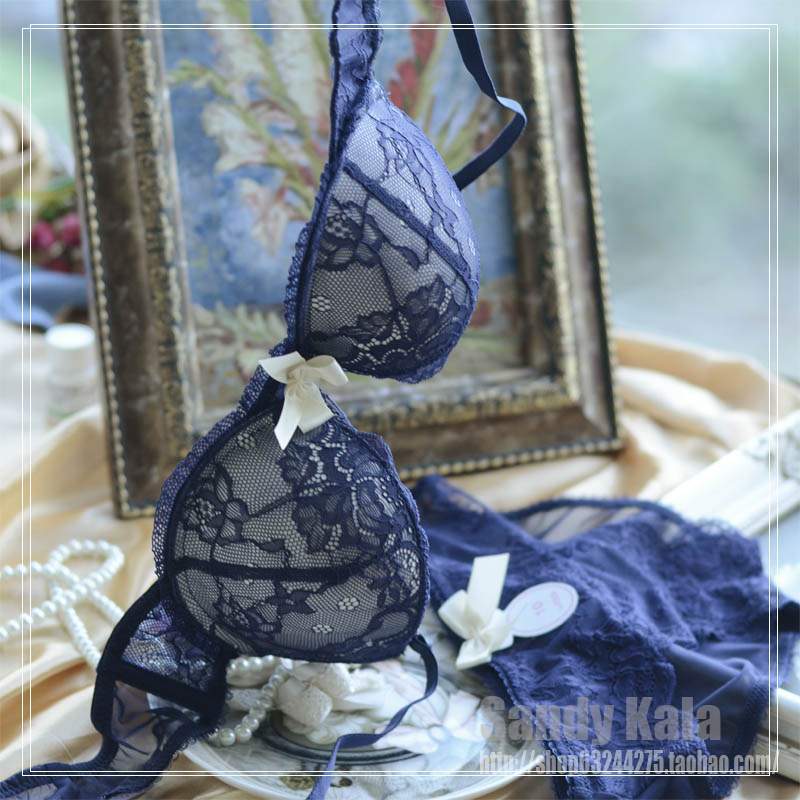 Nobility underwear autumn and winter navy blue luxury lace bra set