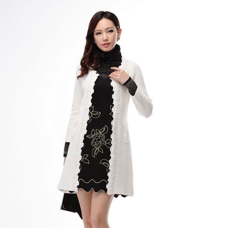 Noble elegant embroidered woolen outerwear medium-long women overcoat outerwear