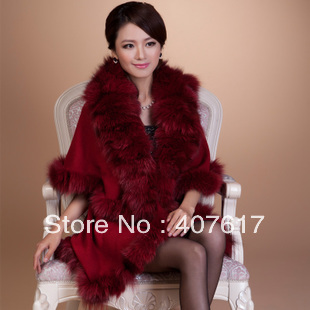 Noble elegant sheep fur shawl cloak female big fox fur coat batwing shirt