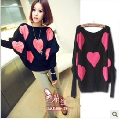 Non-mainstream autumn and winter women 2012 personality sweet big heart vintage batwing sleeve loose sweater free shipping