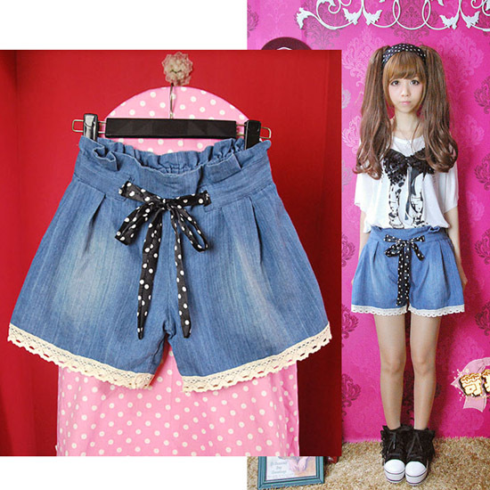 Non-mainstream women's 2012 summer personality needle woven pattern dot strap thin denim shorts free shipping