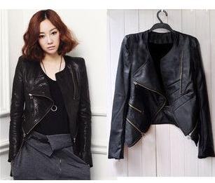 Novelty slim handsome personality Oblique zipper leather coat Free shipping / black