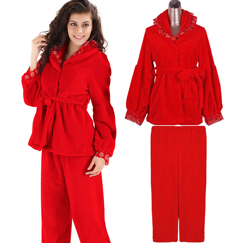 NWT Autumn winter women's 2 pc sleepwear night short robe shirt lounge pant belt homewear warm coral fleece solid red thickening