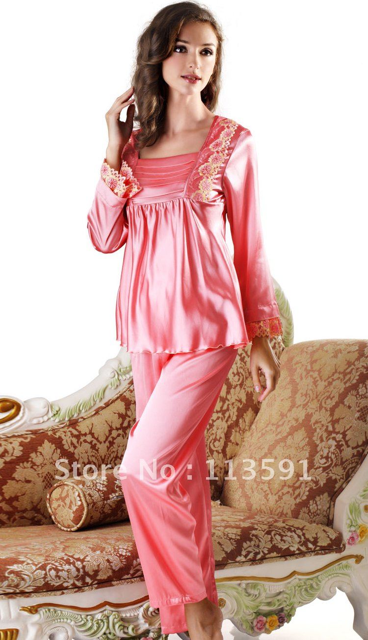 NWT silk cute fashion women's pajama sets 2 Piece top lounge pants solid pink long long sleeve night sleep gown robe sets 6049