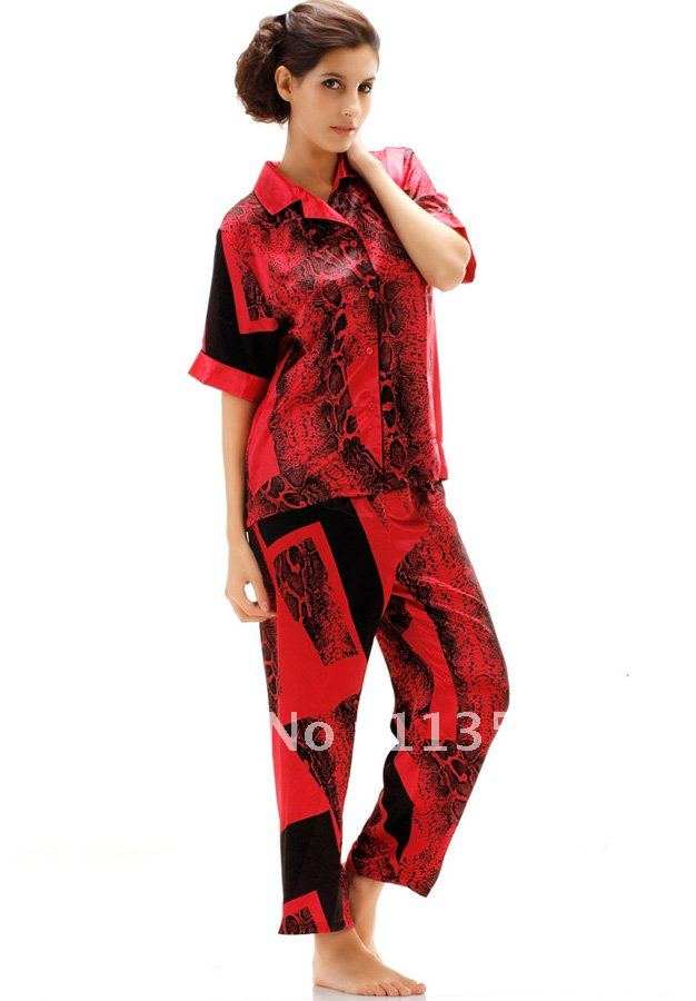 NWT silk women's pajama sets 2 piece top shirt cardigan lounge Pants print red sleepwear short sleeve lapels night gown 8057