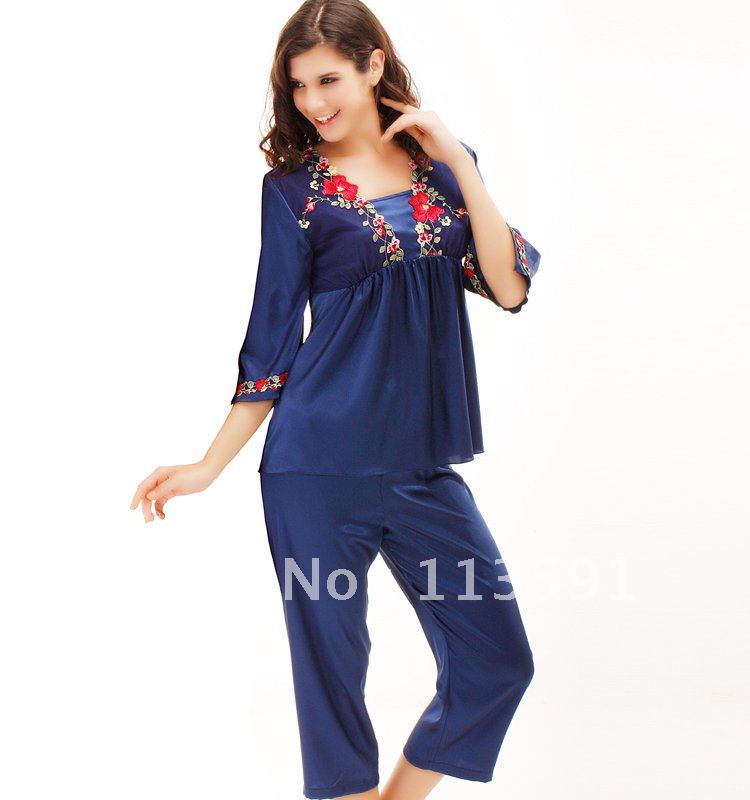 NWT summer ladies women's lace cute floral 2 piece top lounge pants silk sapphire blue nightgown pajamas sets sleepwear 8056