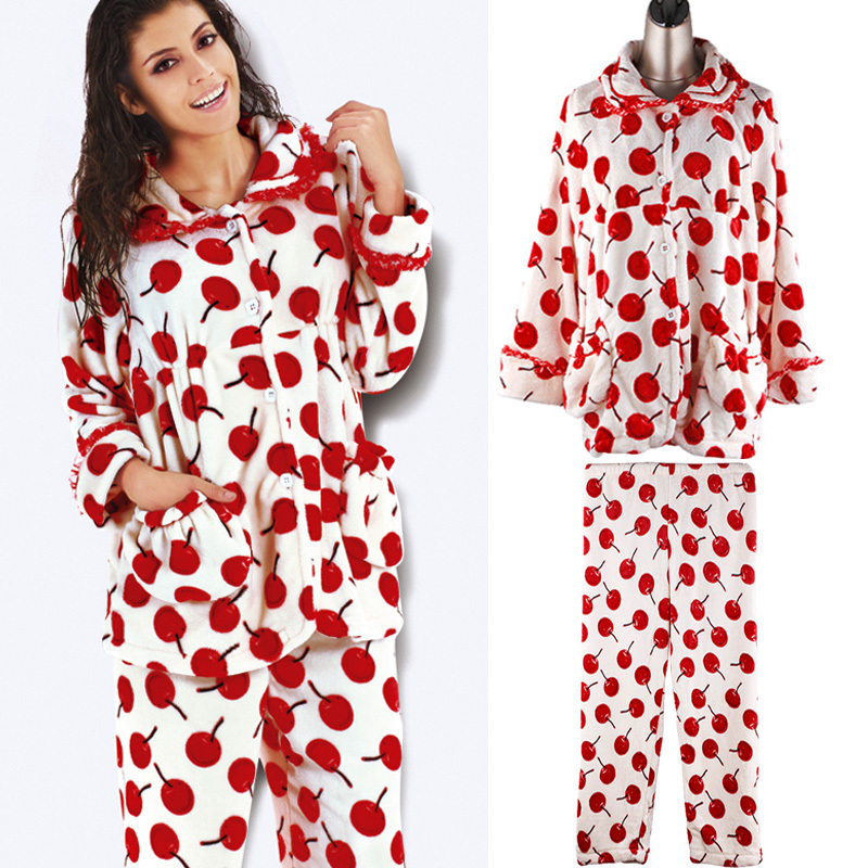 NWT winter female women's 2 pcs top pants pajamas sets sleepwear long-sleeve coral fleece warm thermal lounge twinset  fruit 159