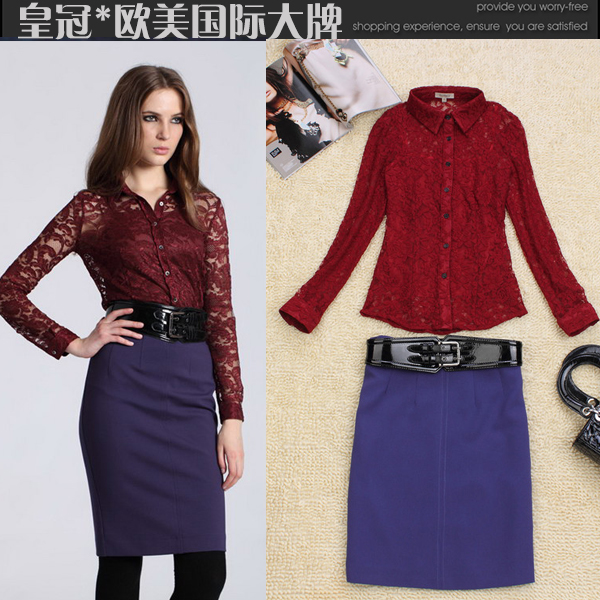 O 2013 lace shirt suit half-skirt slim work wear high quality piece set