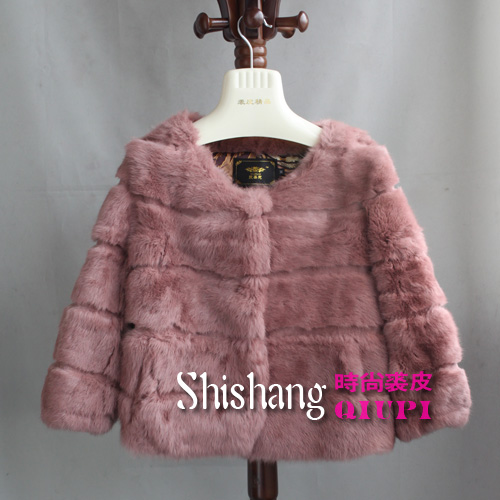 O-neck rabbit fur coat short design rabbit fur outerwear tobacco powder color