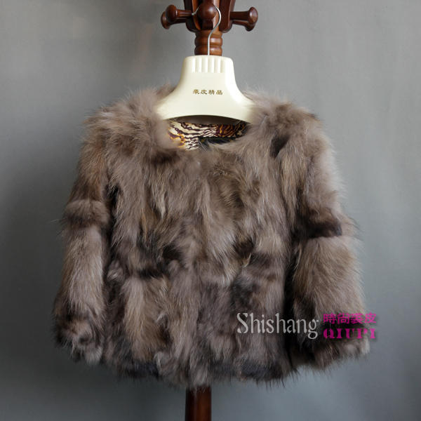 O-neck raccoon fur coat short design outerwear multicolor