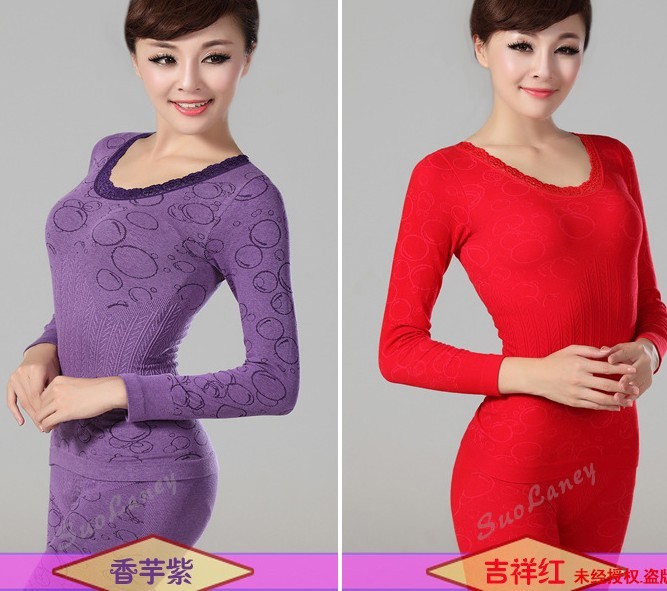 O-neck thermal underwear set autumn and winter thermal underwear beauty care seamless underwear set festive big red