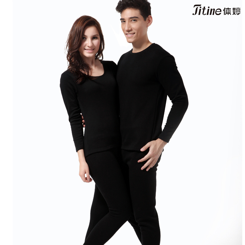 O-neck thickening fleece lovers thermal clothing set