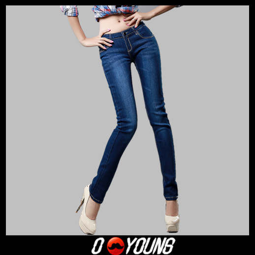 O-YOUNG designer brand women's jeans 100% Cotton Fashion Slim straight trousers for woman , Navy blue , LK007