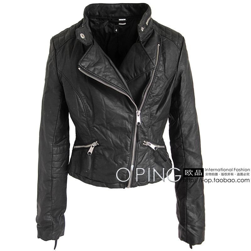 oblique zipper motorcycle punk water wash short design slim leather clothing outerwear plus size available