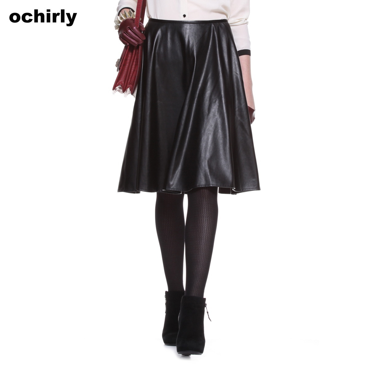 Ochirly OCHIRLY female autumn fashion vintage pleated faux leather sheds half-length medium skirt 1115074830