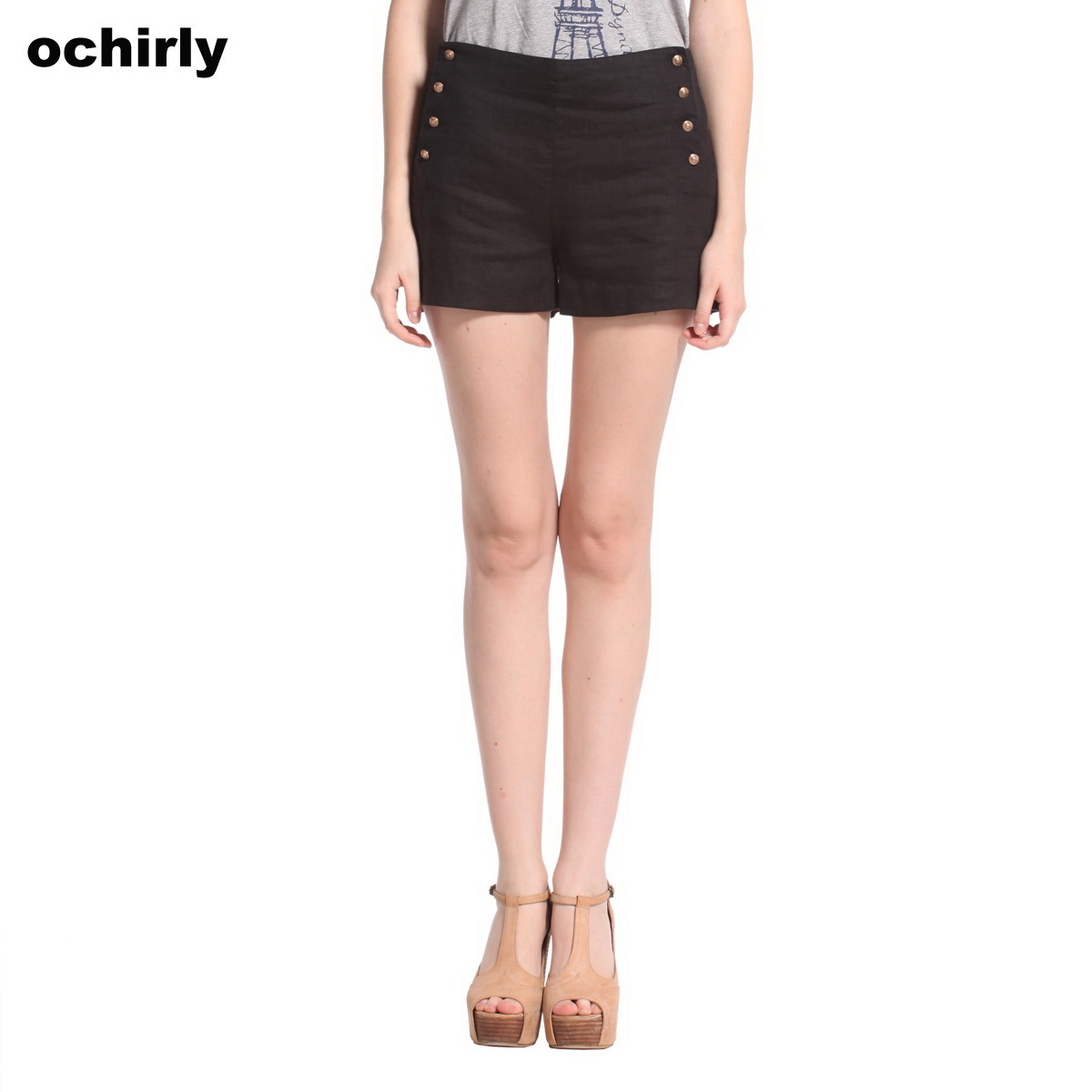 Ochirly OCHIRLY women's summer Black linen a double breasted shorts 1112061570