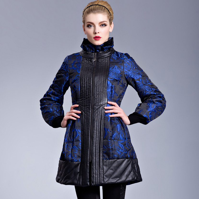 October legend 2011 winter blue jacquard leather thickening slim long design wadded jacket cotton-padded jacket 110923