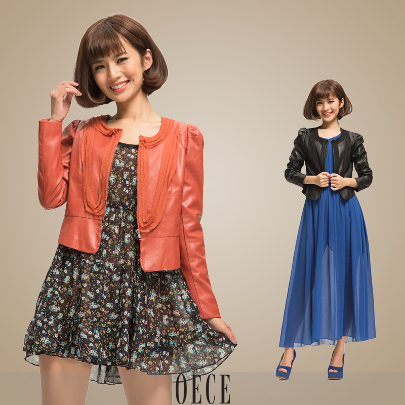 Oece 2013 spring fashion elegant chiffon o-neck PU patchwork leather coat