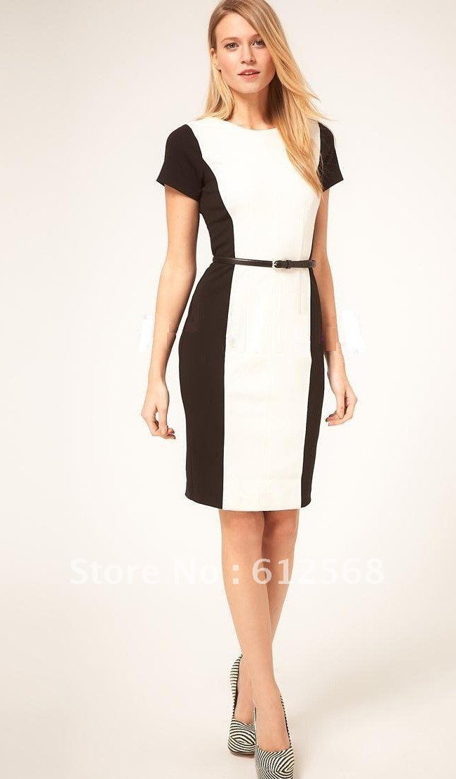 Office Ladies Black white cotton Commute women Formal Career Work Pencil Dresses. Short Sleeves tailored Dress Party IR048