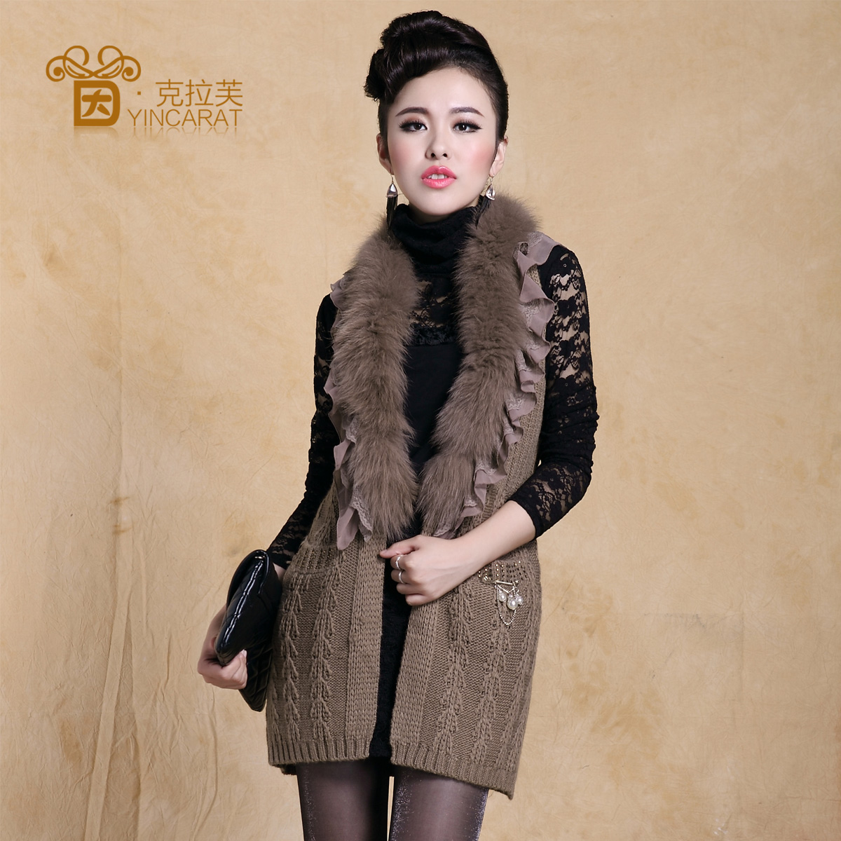 Ol elegant noble elegant medium-long lace decoration women's slim cardigan coarse knitted sweater 3995