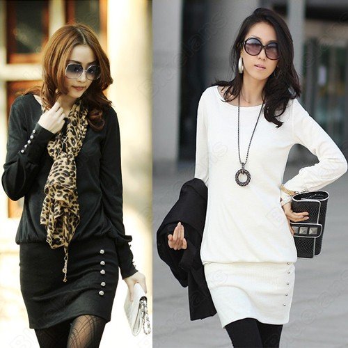 Ol Fall Winter Scoop Neck Long Fashion Slim Special Button Mini Dress one-piece dress