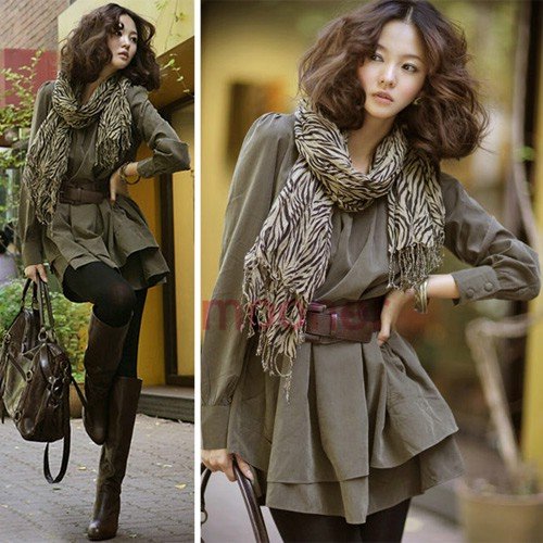 OL Lady Women's Collarless Long Sleeve Pleated Tiered Mini Dress Free Belt army green  E0566