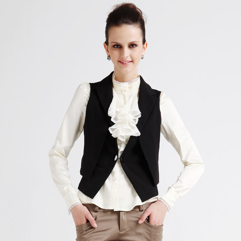 OL's fashion solid color lace lining vest one button black gilet women's weskit cloth