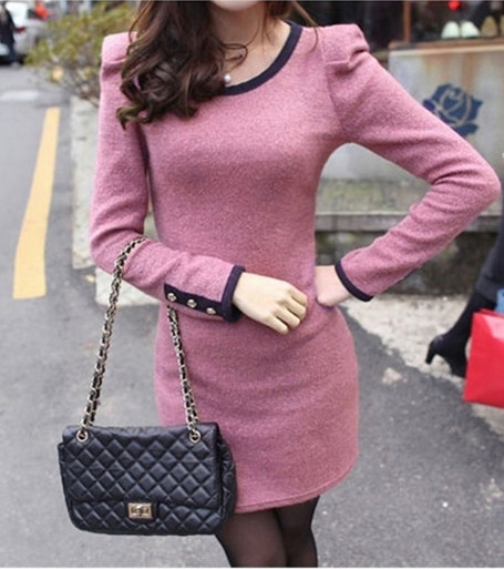 Ol slim woolen patchwork leather skirt fashion all-match long-sleeve dress