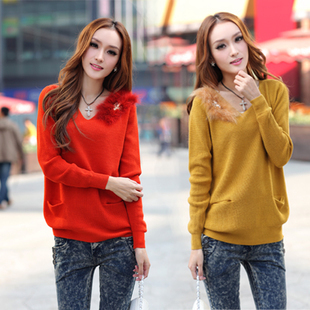 Ol2012 winter fur collar ladies long-sleeve sweater women's sweater (WC005)