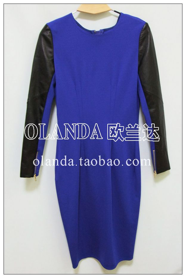 Olanda 2012 fashion autumn and winter color block leather PU ruffle hem slim long-sleeve dress 1216