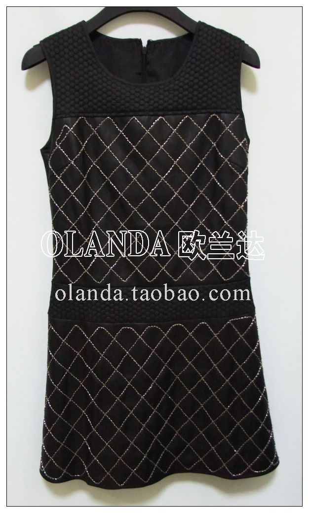 Olanda 2013 fashion spring and summer plaid leather skirt fashion beading sleeveless one-piece dress tank dress 1226