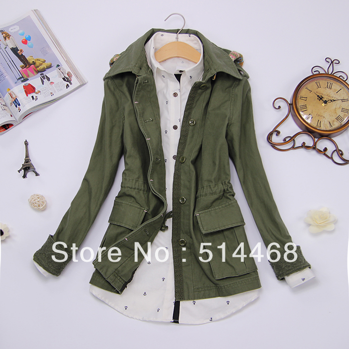 Olivia 2013 Spring Women's Fashion Sweet Slim Waist Trench Slim Army Green Hooded Outerwear+Free Shipping