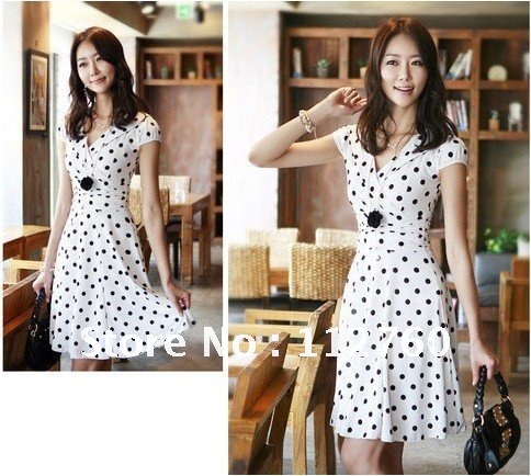 on sale Fat Slim chiffon dress, career women XL/XXL/XXXL polka dot print dress, plus size dresses, Free shipping