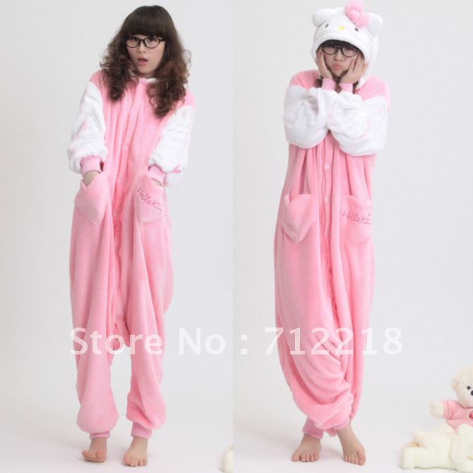 On sale pink hello kitty cartoon kt thick coral fleece female one piece sleepwear winter thermal pajamas for women