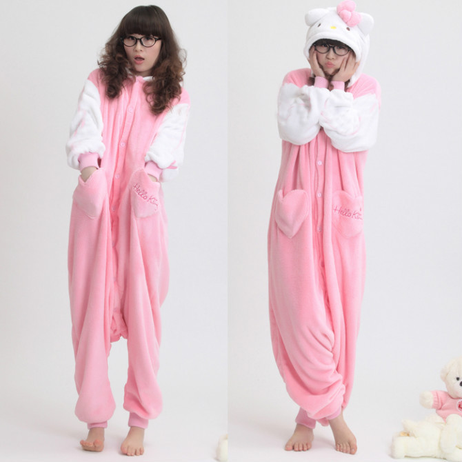 On sale pink hello kitty cartoon kt thickening coral fleece female one piece sleepwear