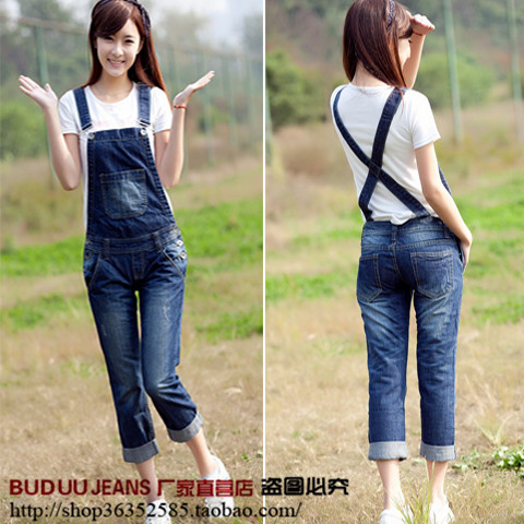 One piece denim bib pants female loose plus size capris