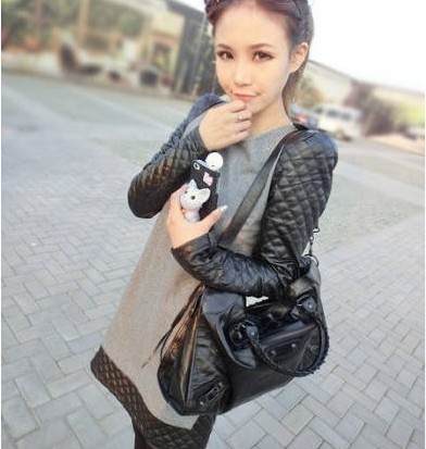 One-piece dress/ patchwork leather color block small/ long-sleeve woolen