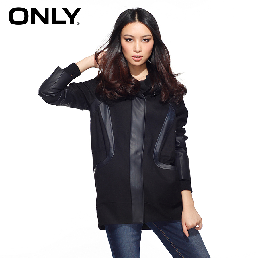 Only with a hood faux leather patchwork medium-long women's trench lo black 112136018010