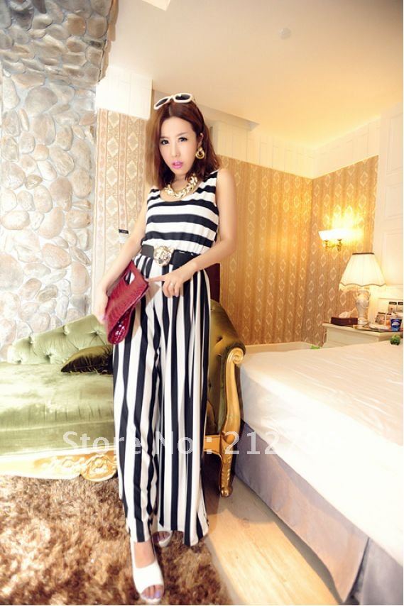 Orange 2012 summer fashion vintage black and white stripe vest wide leg pants casual trousers 3952